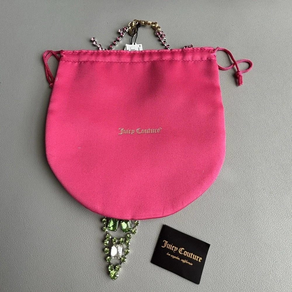 Vintage Juicy Couture Pink Green Rhinestone Statement Bib Necklace 15